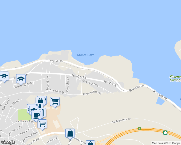 map of restaurants, bars, coffee shops, grocery stores, and more near 110 A Station Road in Corner Brook