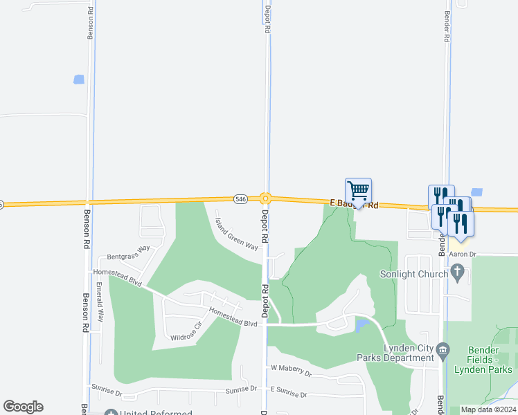 map of restaurants, bars, coffee shops, grocery stores, and more near 8896 Depot Road in Lynden