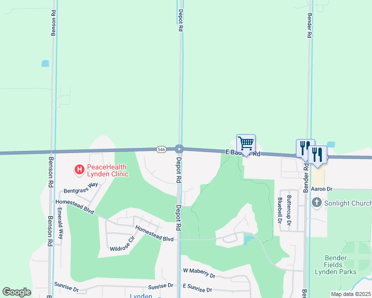 map of restaurants, bars, coffee shops, grocery stores, and more near Washington 546 in Lynden