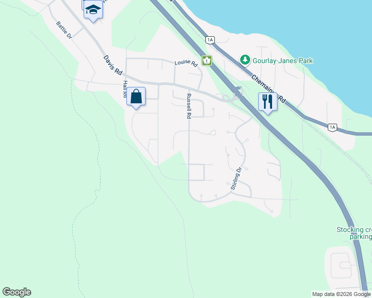 map of restaurants, bars, coffee shops, grocery stores, and more near 825 Russell Road in Ladysmith