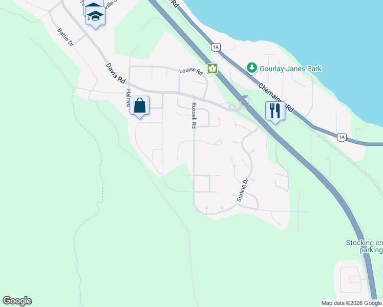 map of restaurants, bars, coffee shops, grocery stores, and more near 825 Russell Road in Ladysmith