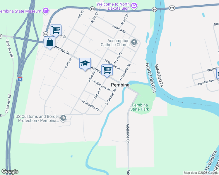 map of restaurants, bars, coffee shops, grocery stores, and more near 101-199 W Ramsey St in Pembina