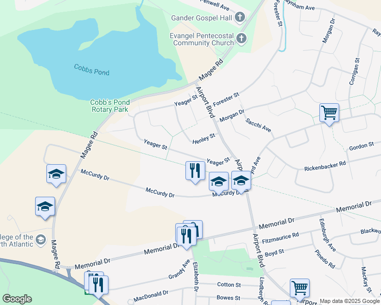 map of restaurants, bars, coffee shops, grocery stores, and more near 30 Yeager Street in Gander