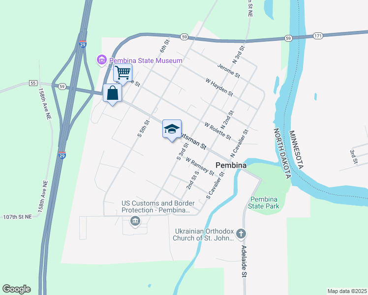map of restaurants, bars, coffee shops, grocery stores, and more near 155 South 3rd Street in Pembina