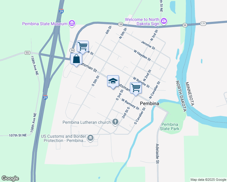 map of restaurants, bars, coffee shops, grocery stores, and more near 155 South 3rd Street in Pembina