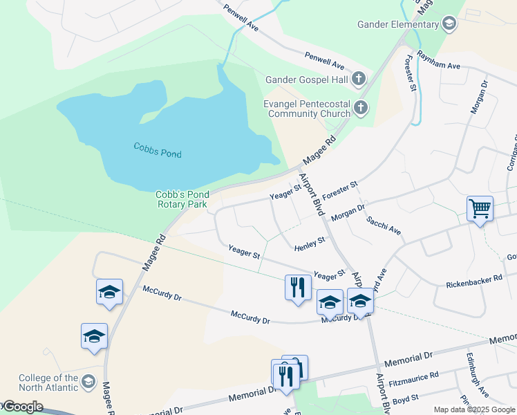 map of restaurants, bars, coffee shops, grocery stores, and more near 114 Yeager Street in Gander