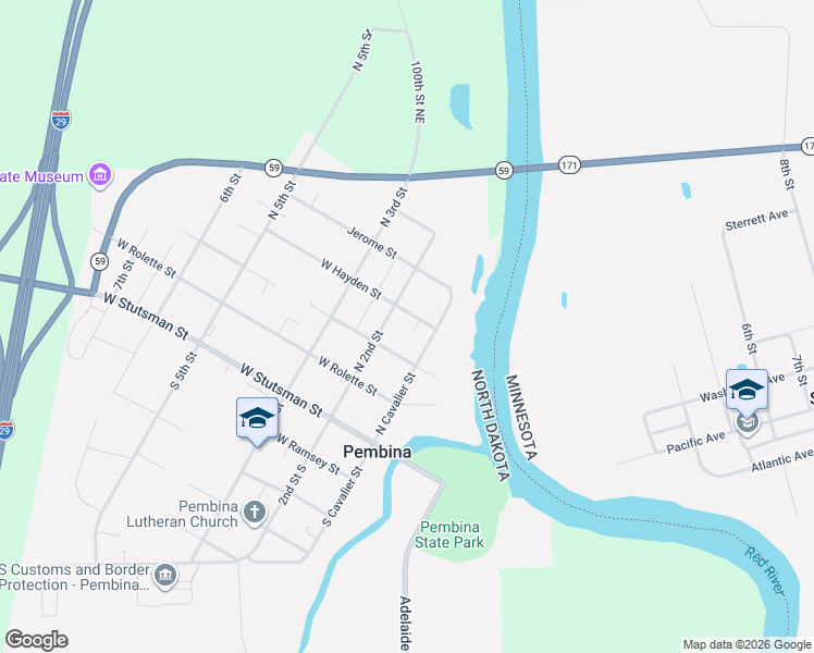 map of restaurants, bars, coffee shops, grocery stores, and more near 301-399 North Cavalier Street in Pembina