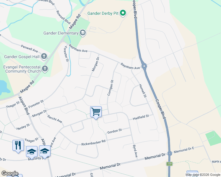 map of restaurants, bars, coffee shops, grocery stores, and more near Corrigan Street in Gander