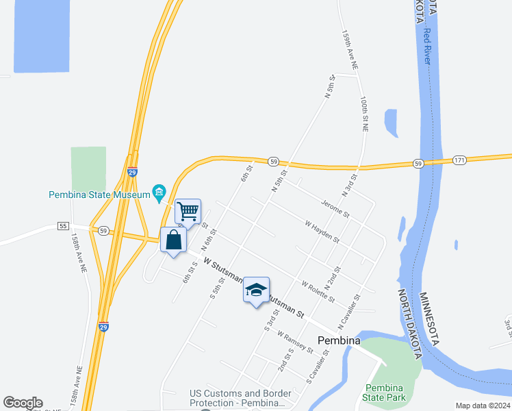 map of restaurants, bars, coffee shops, grocery stores, and more near 341 North 5th Street in Pembina