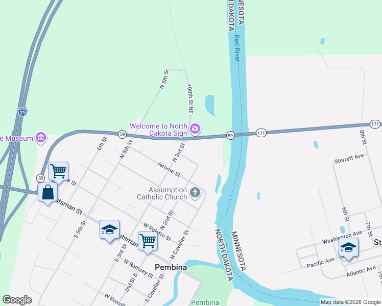 map of restaurants, bars, coffee shops, grocery stores, and more near 222 Montraille Street in Pembina
