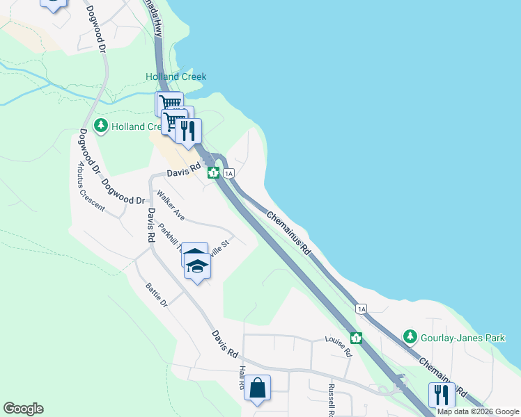 map of restaurants, bars, coffee shops, grocery stores, and more near Tyrrell Road in Ladysmith
