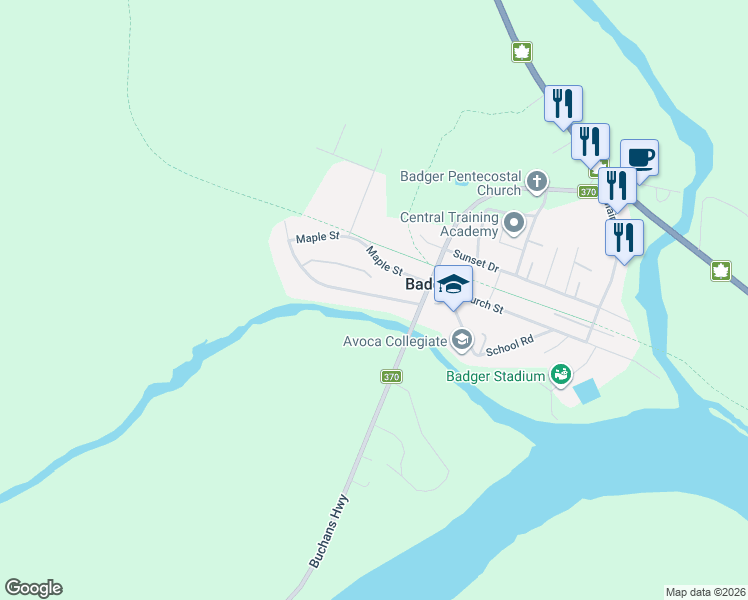 map of restaurants, bars, coffee shops, grocery stores, and more near 83 Maple Street in Badger