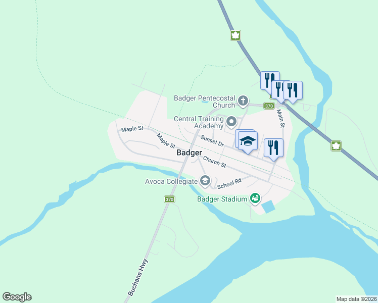 map of restaurants, bars, coffee shops, grocery stores, and more near Church Street in Badger