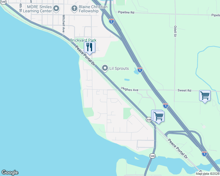 map of restaurants, bars, coffee shops, grocery stores, and more near 1204 Hughes Avenue in Blaine