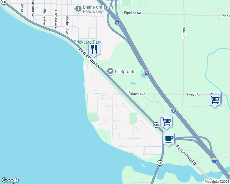 map of restaurants, bars, coffee shops, grocery stores, and more near 1204 Hughes Avenue in Blaine