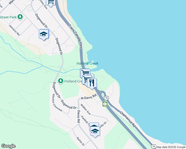 map of restaurants, bars, coffee shops, grocery stores, and more near 21 Island Highway in Ladysmith