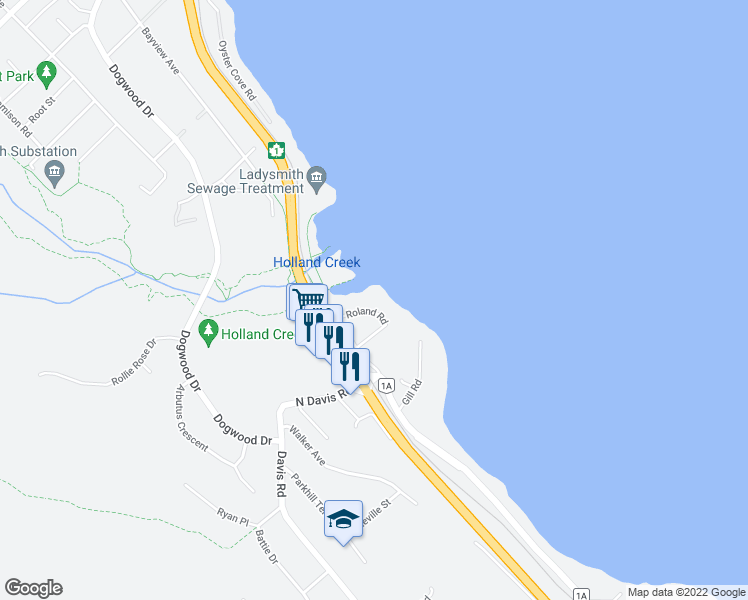 map of restaurants, bars, coffee shops, grocery stores, and more near 312 Roland Road in Ladysmith