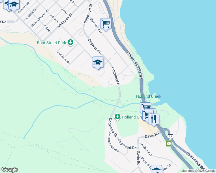 map of restaurants, bars, coffee shops, grocery stores, and more near 313 Holland Creek Place in Ladysmith