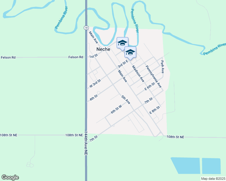 map of restaurants, bars, coffee shops, grocery stores, and more near 418 4th Street in Neche