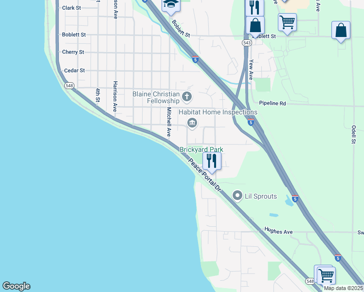 map of restaurants, bars, coffee shops, grocery stores, and more near 1610 Peace Portal Drive in Blaine
