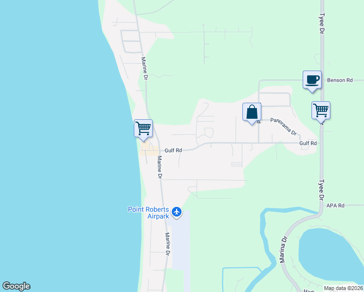 map of restaurants, bars, coffee shops, grocery stores, and more near 1385 Gulf Road in Point Roberts