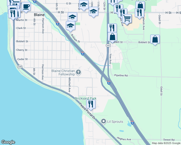 map of restaurants, bars, coffee shops, grocery stores, and more near 1360 Bayview Court in Blaine