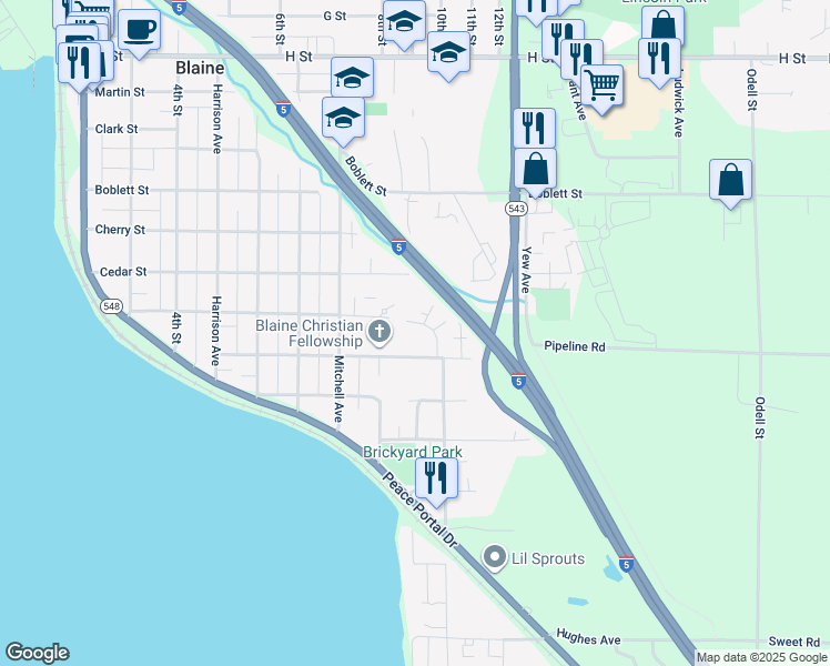 map of restaurants, bars, coffee shops, grocery stores, and more near 1389 Bayview Court in Blaine