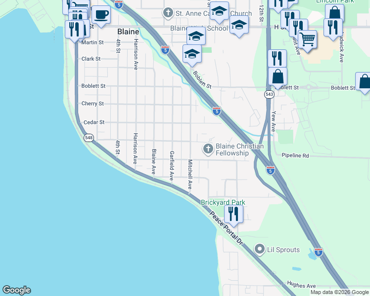 map of restaurants, bars, coffee shops, grocery stores, and more near 1329 Mitchell Avenue in Blaine