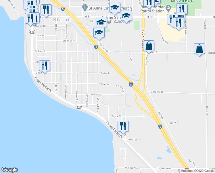 map of restaurants, bars, coffee shops, grocery stores, and more near 861 Alder Street in Blaine