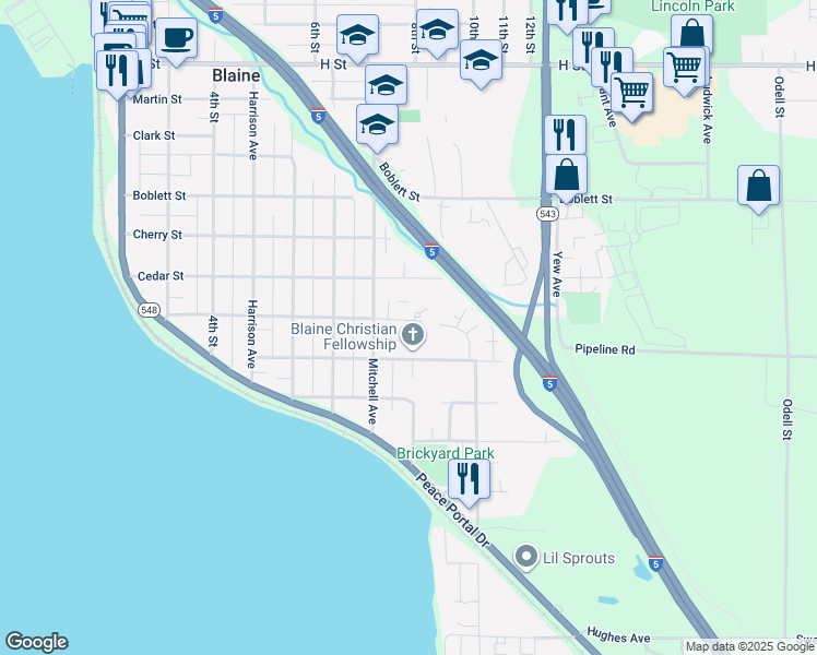 map of restaurants, bars, coffee shops, grocery stores, and more near 861 Alder Street in Blaine
