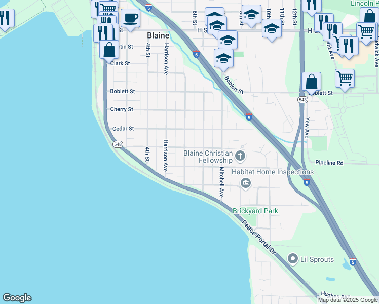 map of restaurants, bars, coffee shops, grocery stores, and more near 1324 Blaine Avenue in Blaine