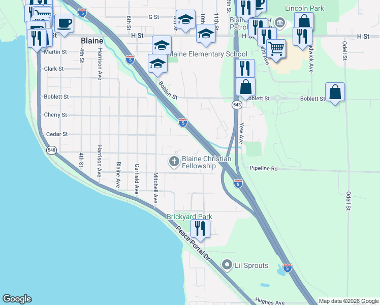 map of restaurants, bars, coffee shops, grocery stores, and more near 1389 Bayview Court in Blaine