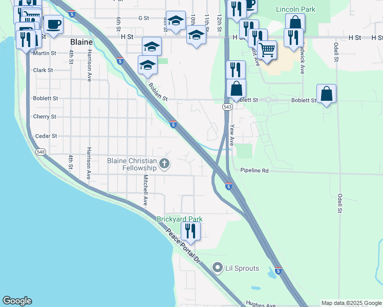 map of restaurants, bars, coffee shops, grocery stores, and more near 1360 Bayview Court in Blaine