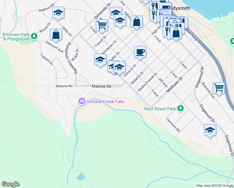 map of restaurants, bars, coffee shops, grocery stores, and more near 711 Malone Road in Ladysmith