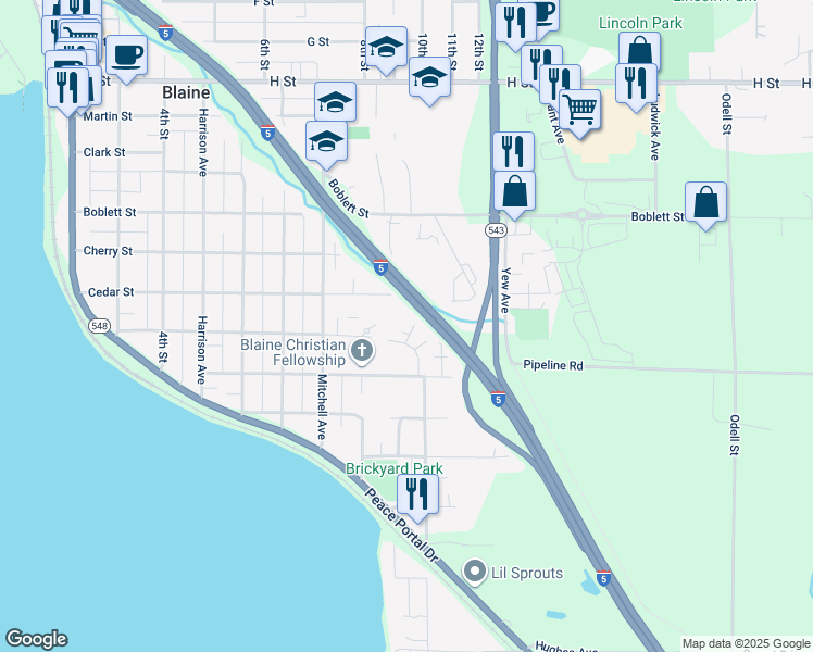 map of restaurants, bars, coffee shops, grocery stores, and more near 1384 Bayview Court in Blaine