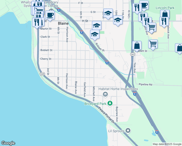 map of restaurants, bars, coffee shops, grocery stores, and more near 1191 Mitchell Avenue in Blaine