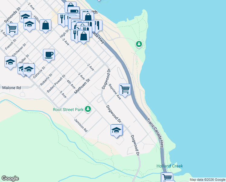 map of restaurants, bars, coffee shops, grocery stores, and more near 218 Bayview Avenue in Ladysmith