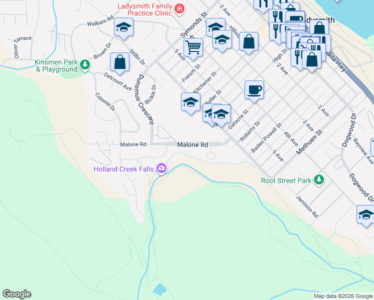 map of restaurants, bars, coffee shops, grocery stores, and more near 721 Malone Road in Ladysmith