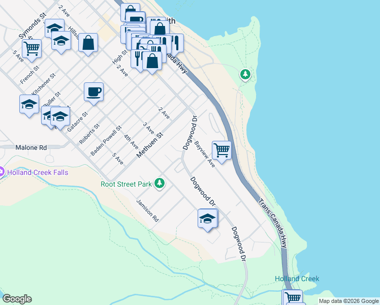 map of restaurants, bars, coffee shops, grocery stores, and more near 219 Dogwood Drive in Ladysmith