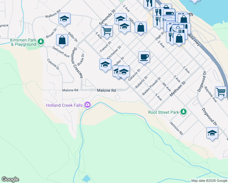 map of restaurants, bars, coffee shops, grocery stores, and more near 721 Malone Road in Ladysmith