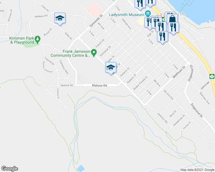 map of restaurants, bars, coffee shops, grocery stores, and more near 715 Malone Road in Ladysmith