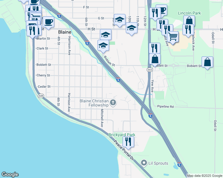 map of restaurants, bars, coffee shops, grocery stores, and more near 763 Cedar Street in Blaine
