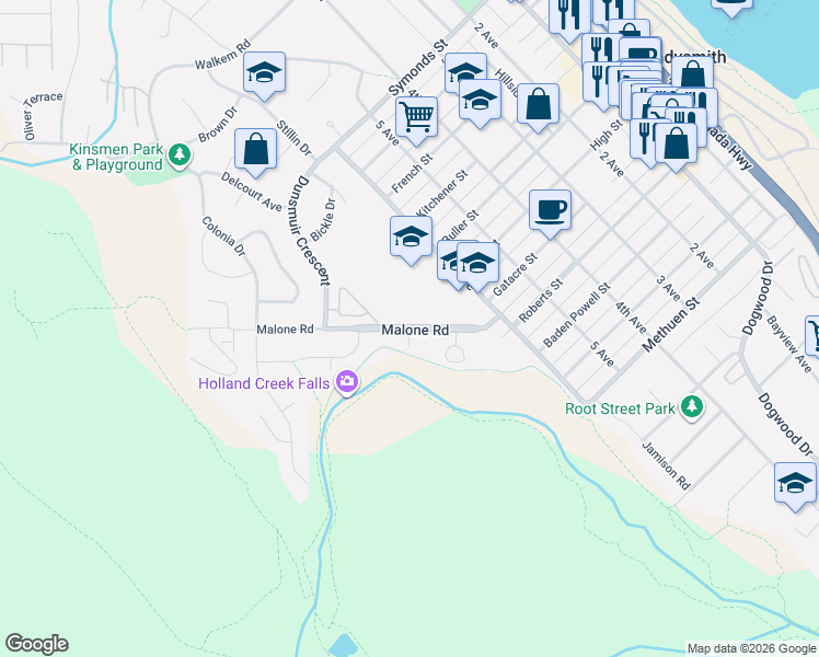 map of restaurants, bars, coffee shops, grocery stores, and more near 721 Malone Road in Ladysmith