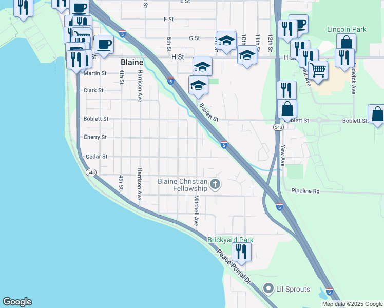 map of restaurants, bars, coffee shops, grocery stores, and more near 1191 Mitchell Avenue in Blaine
