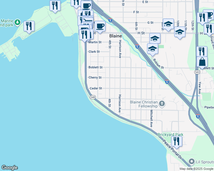 map of restaurants, bars, coffee shops, grocery stores, and more near 1218 4th Street in Blaine