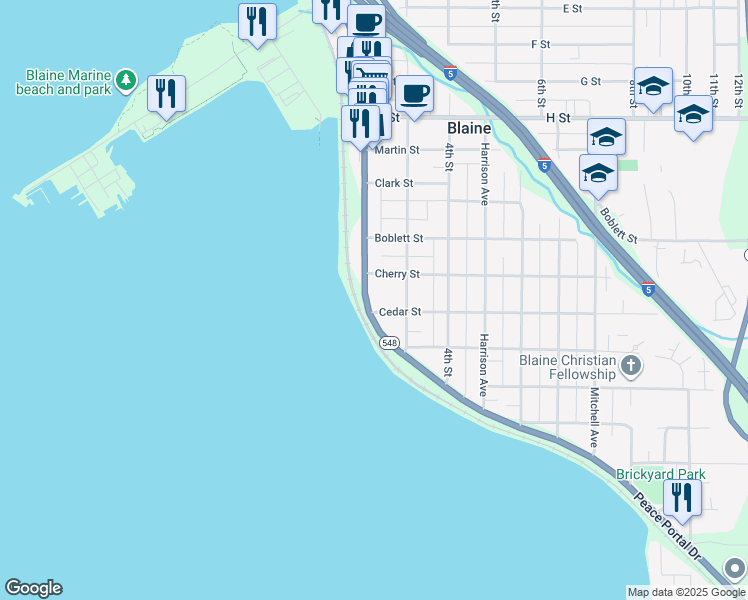 map of restaurants, bars, coffee shops, grocery stores, and more near 1200 Peace Portal Drive in Blaine