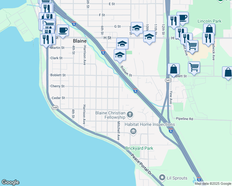 map of restaurants, bars, coffee shops, grocery stores, and more near 1147 Mitchell Avenue in Blaine