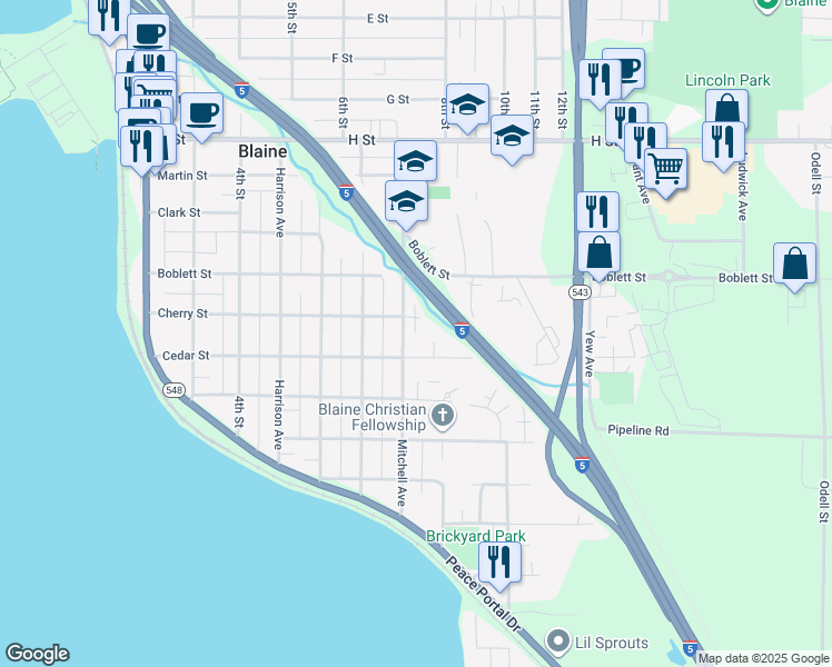 map of restaurants, bars, coffee shops, grocery stores, and more near 763 Cedar Street in Blaine