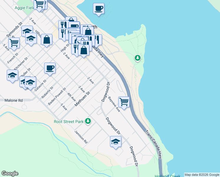 map of restaurants, bars, coffee shops, grocery stores, and more near 201 Dogwood Drive in Ladysmith