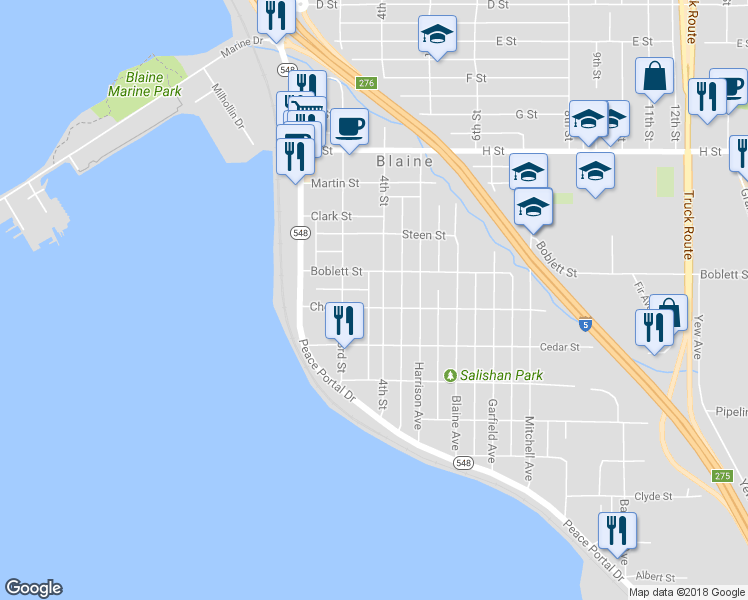 map of restaurants, bars, coffee shops, grocery stores, and more near 388 Cherry Street in Blaine
